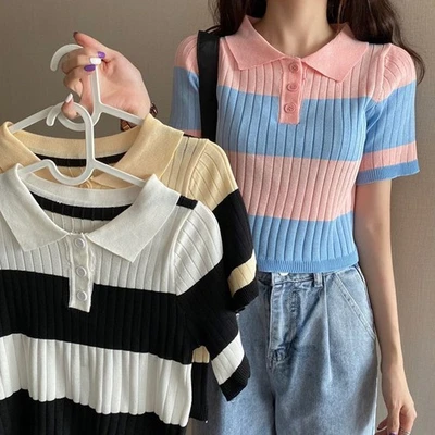 Womens Casual Knitted T Shirt with Short Sleeves and Unique Button Knot - Image 1 of 4