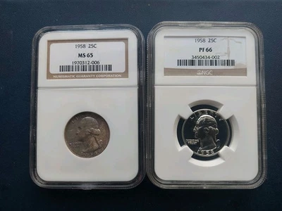 1958 M/S 65 TONED, 1958 PROOF 66 WASHINGTON QUARTERS. 25 CENTS. SILVER.!! - Image 1 of 4