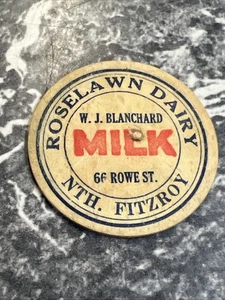 VINTAGE CARDBOARD MILK BOTTLE LID ROSELAWN DAIRY ROWE ST NTH FITZROY BLANCHARD - Picture 1 of 3