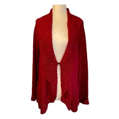 Cárdigan Suéter Tweeds Cascada Rojo Tejido Abierto Manga Larga Cuello Yugo XL Foto 1 de 4