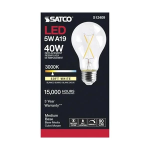 Satco S12409 - 5 Watt LED A19 Clear Bulbs - 3000K (2 pack) 40W Soft White Light - Picture 1 of 3