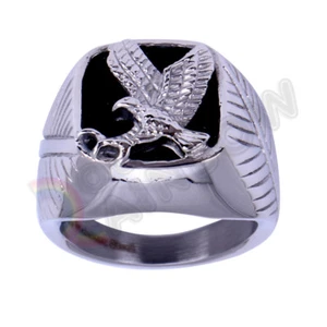 R3 Men' Stainless Steel Black Onyx Gold Silver Plated Eagle Ring Size 8-13 - Picture 1 of 6