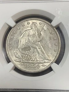 NGC AU58 1854 SEATED HALF DOLLAR ARROWS BRIGHT GREAT LUSTER PREMIUM TYPE COIN - Picture 1 of 3