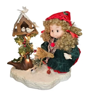 Living Windows Christmas Animated Lighted Girl With Birdhouse Blonde Curly Hair - Picture 1 of 19