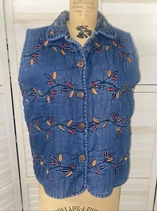 Vintage NEW DIRECTION 90s Autumn Leaves Prairie Quilted Denim Cotton Vest Sz Med - Picture 1 of 7