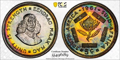 PR68 1961 5C South Africa 5 Cent Silver Proof, PCGS- Rainbow Toned TOP POP! - Image 1 of 4