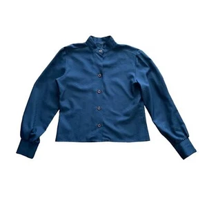 1970s Vintage Navy Blue Satin Puff Sleeve Structured Button Up Top Size Small - Picture 1 of 4