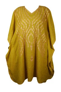 Floral Embroidery Mid Length V-Neck Kimono Resort Wear Cover Up Kaftan Dress 2X