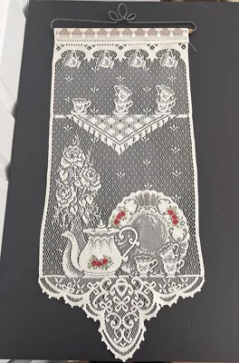 Heritage Lace Tea Time with Red Roses Ecru Wall Hanging 12x29 Embroidered Decor - Image 1 of 4