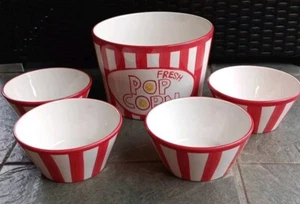 Tabletops Gallery Popcorn Bowl Serving Set Handpainted 5 Piece Set Red & White - Picture 1 of 12