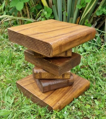 Book Stack Table/Waxed/Hand Carved/Solid Wood/Lamp Table/Plant Stand 12" - Image 1 of 4