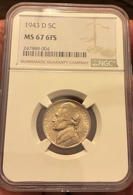 1943 D DENVER JEFFERSON SILVER WAR NICKEL MS67FS 6 FULL STEPS  - Image 1 of 2