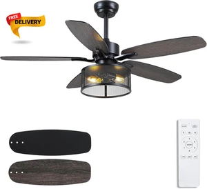 48 Black Farmhouse Ceiling Fan with Light and Remote Industrial Cage Design R... - Picture 1 of 12