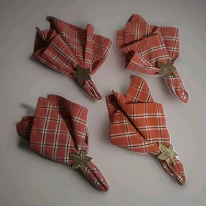 Pier 1 Imports 4 Cloth Autumn Orange Plaid Napkins and 4 Brass Rings Set 19.5" - Picture 1 of 8