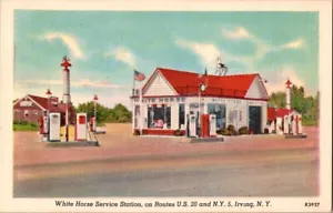 Postcard NY Irving New York White Horse Service Station Route US 20 / NY 5 Linen - Picture 1 of 2