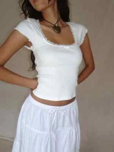 y2k Vintage Baby Tee Spitzenbesatz Strick T-Shirt Sommer Square Neck Kurzarm - Bild 1 von 26