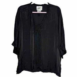 Blusa Nurture Seda Rayón Crochet Macramé Negra Satén Gran Tamaño Relajada S-L Boho - Imagen 1 de 6