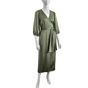 Aritzia Little Moon Long Sleeve Green Wrap Maxi Dress Size XS Crinkle NWT - Picture 1 of 12