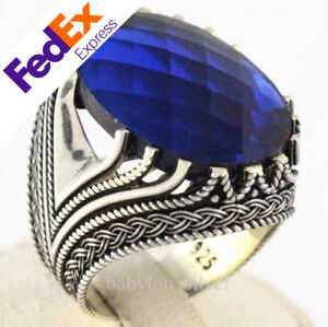 Turkish Handmade 925 Sterling Silver Faceted Sapphire Men's Luxury Ring All Size