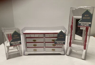 4 Piece Mini Dreams Dollhouse Furniture Dresser Floor Mirror Chair Night Stand - Image 1 of 4