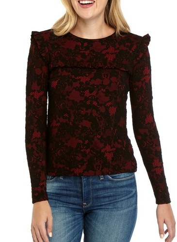 TOP VITTORIANO NUOVO CON ETICHETTE MICHAEL KORS XS S STAMPA PIZZO GLAM TESTURIZZATO JACQUARD VOLANT LS