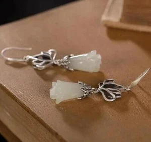 Carved White Jade Jade Orchid Earrings Silver Plated Ear Hook Jewelry - Picture 1 of 4