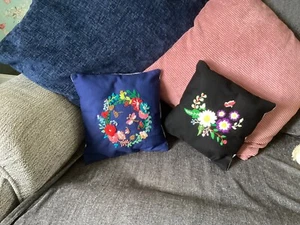 2 Hand Embroidered Decorative Flower Cushions, Gift, Present,Home Decor - Picture 1 of 9