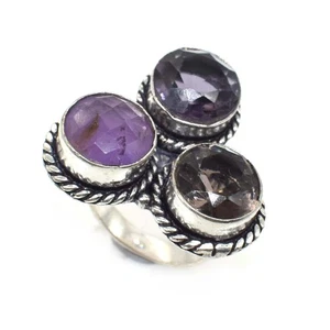 Anello gioiello unico quarzo ametista fatto a mano placcato argento US 6 v394 - Foto 1 di 5