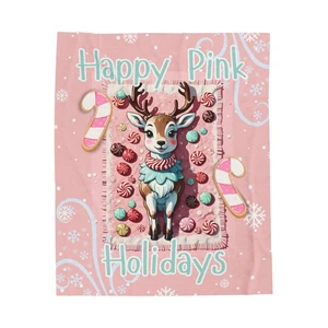 Happy Pink Holidays Deer Velveteen Plush Blanket Christmas Throw 50x60 Cozy Warm - Picture 1 of 8