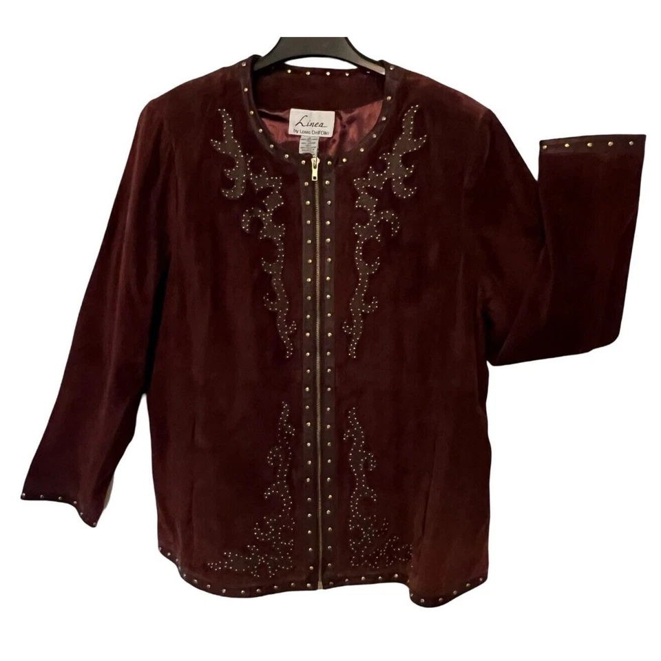 Chaqueta de gamuza Louis Dell'Olio para mujer talla 1X marrón tachuelas occidentales cremallera lindada  Foto 1 de 4