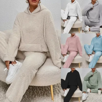 2Pcs Womens Fleece Fluffy Sleepwear Ladies Hooded Tops+Trouser Pajamas Sets Pjs