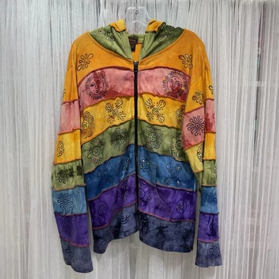 Rising International Rainbow Patchwork Hoodie Women’s XL Boho Hippie Tie Dye - Image 1 of 4