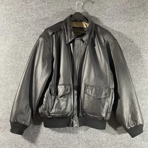 Air Force Landing Leather Bomber Jacket XL Black Flight Style USA Flag Lining - Picture 1 of 21