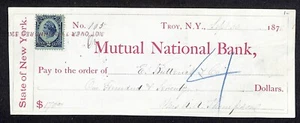 Assegno Troy, NY Mutual National Bank 1876 con Rev. Francobollo - Scarso - Foto 1 di 2