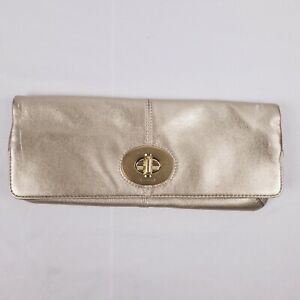 Authentic Coach Metallic Leather Gold Foldover Clutch Purse Bag Zipper Turnlock 