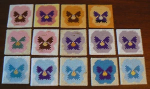 Set of 14 Handmade Pansy Needlepoint Coasters Colorful Pansies Vintage 4.5"x4.25 - Picture 1 of 19