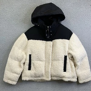 Maje Bicolour Padded Oversized Shearling Puffer Coat EU Sz 1 US Sz S Hidden Hood - Picture 1 of 13