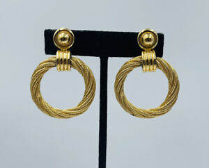 Christian Dior Vintage Gold Plated Rope Pattern Large Loop Dangle Clip Earrings