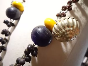 VINTAGE INDIA TRIBAL SILVER TONE BEAD NECKLACE FUNKY BOHO BLUE YELLOW SEED BEADS - Picture 1 of 10