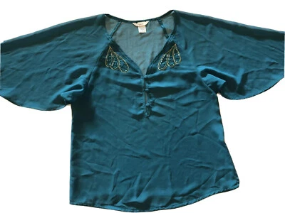 Mujer Esley Talla Pequeña S Azul Verde Transparente Kimono Mangas Top Adorno Boho Foto 1 de 4