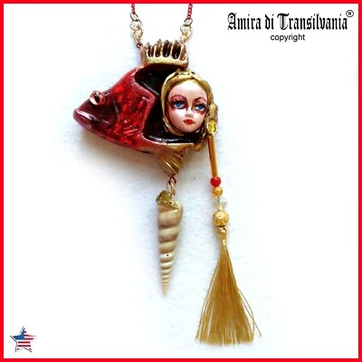 Red Fish Jewelry Pisces Shell Necklace Pendant Art Deco Doll Jewellery Pearl Bib - Image 1 of 4