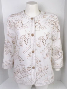 Alfred Dunner Womens 12 Tan Floral Embroidered White Jacket Long Sleeve - Picture 1 of 7