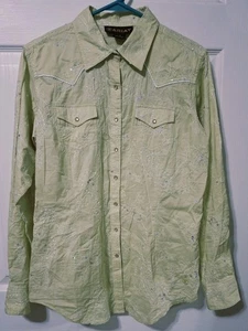 Ariat Shirt Womens Large Light Lime Western Pearl Snap Rodeo Sequin Blouse - Picture 1 of 7