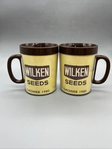 Vintage Wilken Seeds Thermoserv Plastic Coffee Mugs Cups Yellow Brown Set Of 2 - Picture 1 of 3