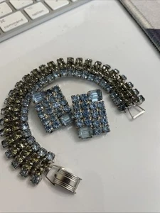 Vintage Light Blue & Gray Crystal Rhinestone Bracelet & Earrings Set - Picture 1 of 11