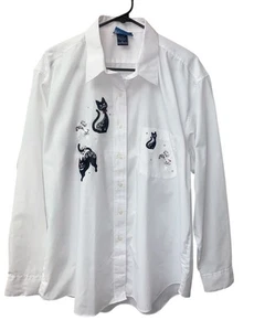 Women’s Black White Embroidered Rhinestone Cat Lovers Button Up Blouse XL - Picture 1 of 5