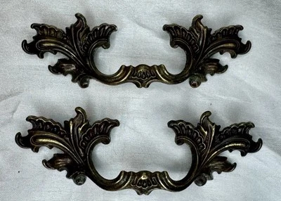 Vintage ML. CO Ornate Brass French Style Drawer Pulls 3" Center, Set Of 2 - Image 1 of 4