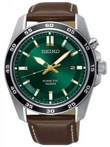 Seiko Herrenuhr Kinetic Silberfarben/Grün mit Lederband 42 MM Datum 10 ATM SKA79 - Bild 1 von 1