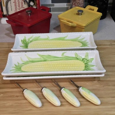 Vintage Corn on the Cob Plates Set of 4 with Ceramic Handles Forks Japan Serving - Image 1 of 4