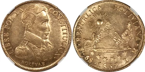 Bolivia 1837-LM (Potosi) Republic Gold 8 Scudos NGC MS-62 VERY STRONG STRIKE!! - Picture 1 of 2
